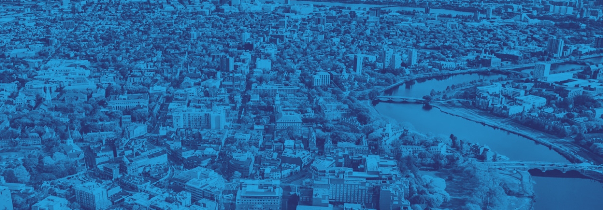 city of cambridge aerial view with blue tint